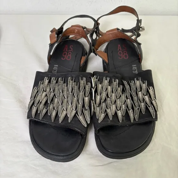 A.S. 98 Chunky Leather Sandals Metal Pewter Embellishments size EU 37 US 6.5/7