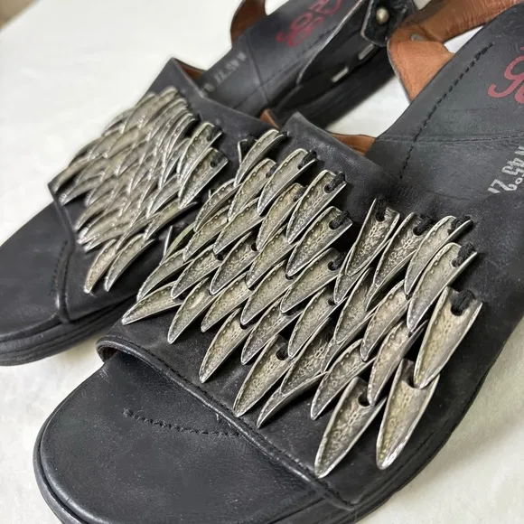 A.S. 98 Chunky Leather Sandals Metal Pewter Embellishments size EU 37 US 6.5/7