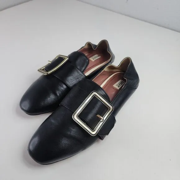 Bally Janelle Loafers US 6 Women's Black Leather Gold Buckle Shoes Italy