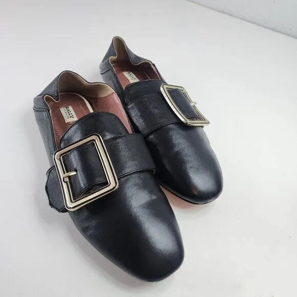 Bally Janelle Loafers US 6 Women's Black Leather Gold Buckle Shoes Italy