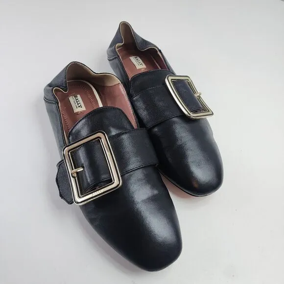 Bally Janelle Loafers US 6 Women's Black Leather Gold Buckle Shoes Italy