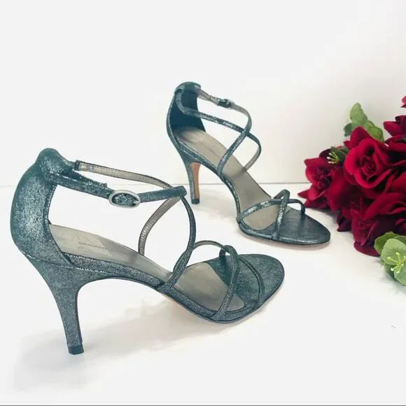 BANANA REPUBLIC SHIMMERY SILVER LEATHER CRISSCROSS STRAPS STILETTO HEEL PUMPS