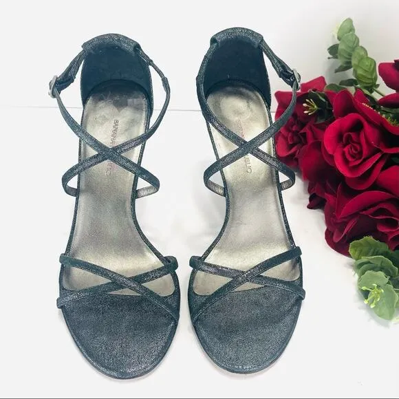 BANANA REPUBLIC SHIMMERY SILVER LEATHER CRISSCROSS STRAPS STILETTO HEEL PUMPS