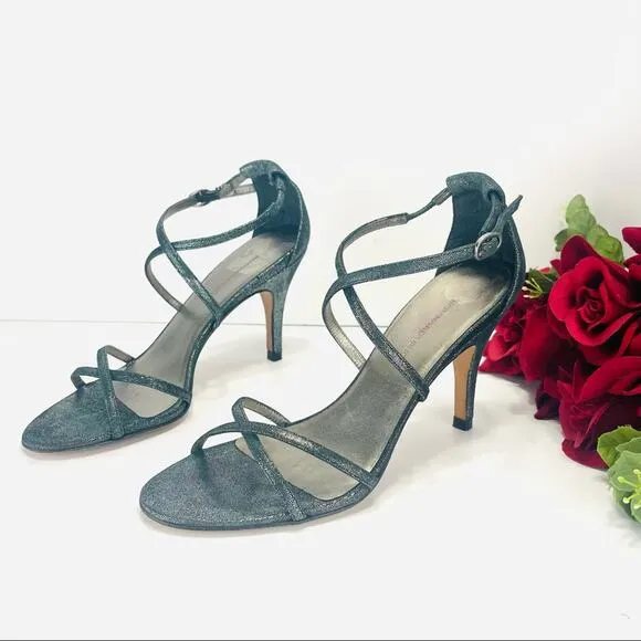 BANANA REPUBLIC SHIMMERY SILVER LEATHER CRISSCROSS STRAPS STILETTO HEEL PUMPS