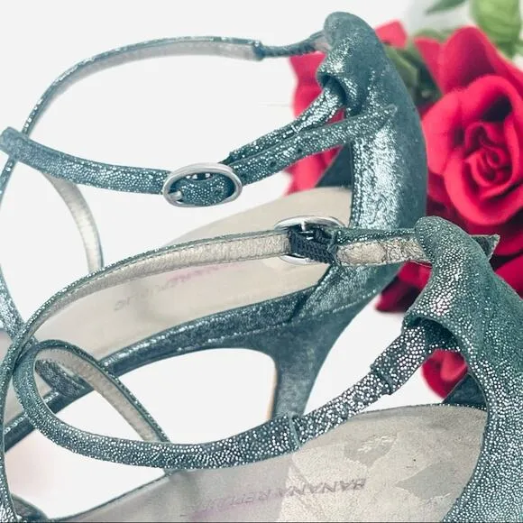 BANANA REPUBLIC SHIMMERY SILVER LEATHER CRISSCROSS STRAPS STILETTO HEEL PUMPS