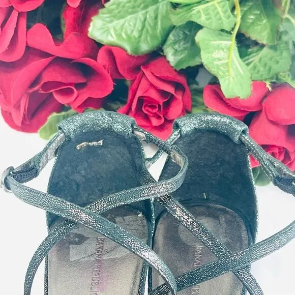 BANANA REPUBLIC SHIMMERY SILVER LEATHER CRISSCROSS STRAPS STILETTO HEEL PUMPS