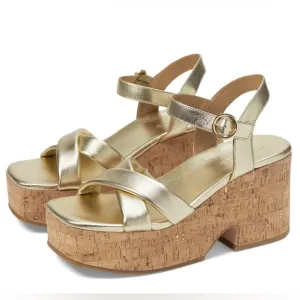 Bernardo NIB Metallic Crisscross Cork Weston Platform Sandals in Champagne