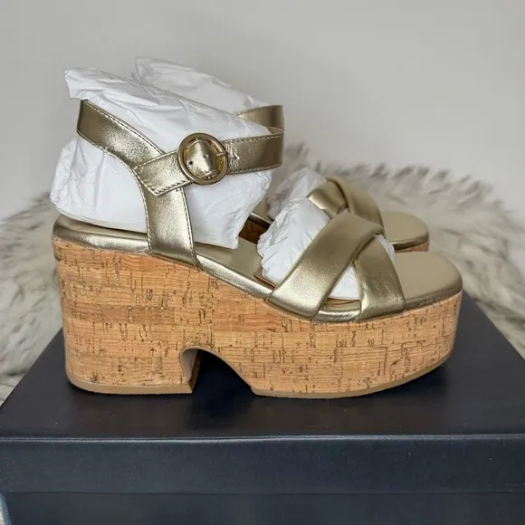 Bernardo NIB Metallic Crisscross Cork Weston Platform Sandals in Champagne