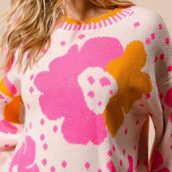 BiBI Contrasting Daisy Retro Flower Top Long Sleeve Pullover Knit Sweater Shirt