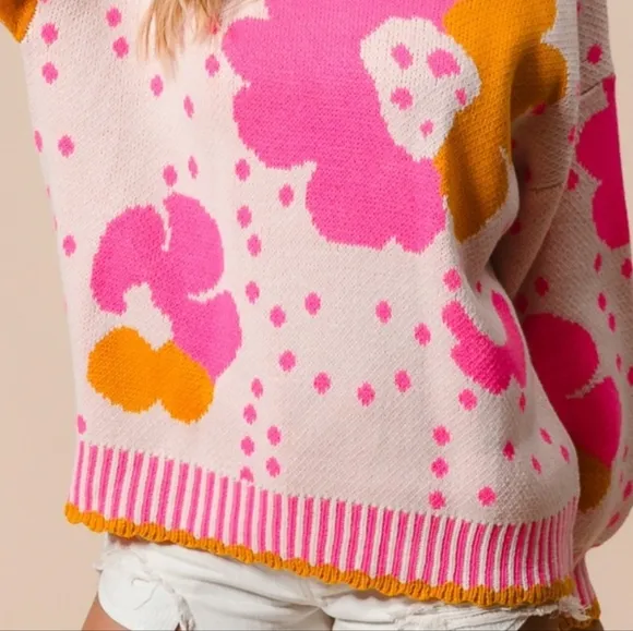 BiBI Contrasting Daisy Retro Flower Top Long Sleeve Pullover Knit Sweater Shirt