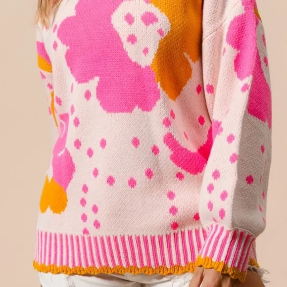 BiBI Contrasting Daisy Retro Flower Top Long Sleeve Pullover Knit Sweater Shirt