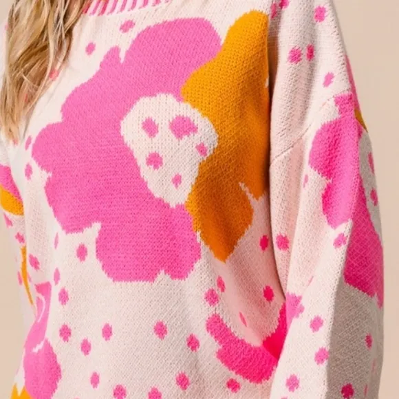 BiBI Contrasting Daisy Retro Flower Top Long Sleeve Pullover Knit Sweater Shirt