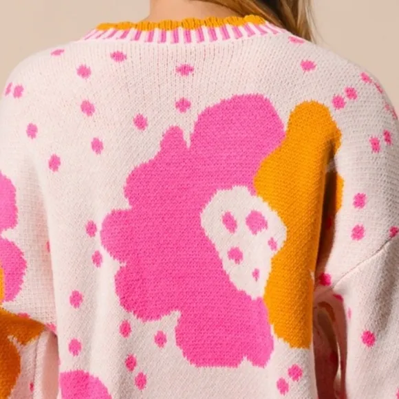 BiBI Contrasting Daisy Retro Flower Top Long Sleeve Pullover Knit Sweater Shirt