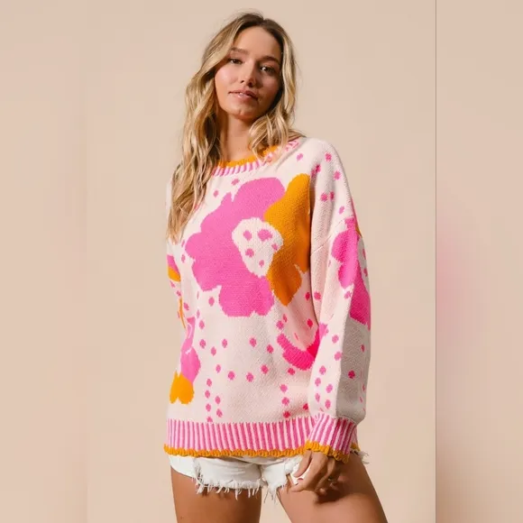 BiBI Contrasting Daisy Retro Flower Top Long Sleeve Pullover Knit Sweater Shirt
