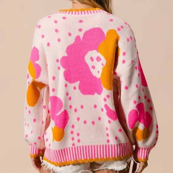 BiBI Contrasting Daisy Retro Flower Top Long Sleeve Pullover Knit Sweater Shirt