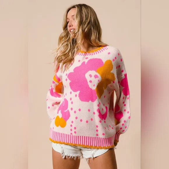 BiBI Contrasting Daisy Retro Flower Top Long Sleeve Pullover Knit Sweater Shirt
