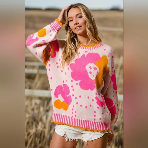 BiBI Contrasting Daisy Retro Flower Top Long Sleeve Pullover Knit Sweater Shirt
