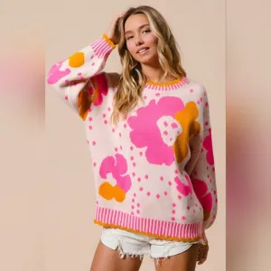 BiBI Contrasting Daisy Retro Flower Top Long Sleeve Pullover Knit Sweater Shirt