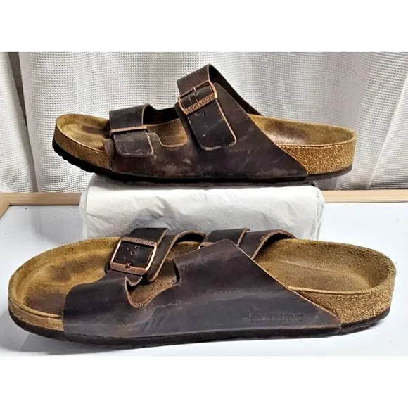 Birkensocks Arizona sandals dark brown men 45/M 12 double straps oiled leather