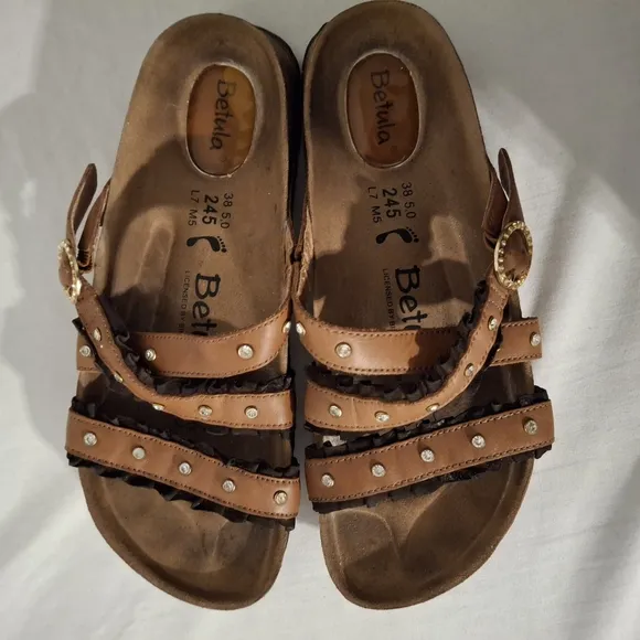 Birkenstock Betula Women's Brown Leather Sandals with Studded Ruffled Straps