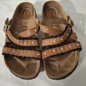 Birkenstock Betula Women's Brown Leather Sandals with Studded Ruffled Straps
