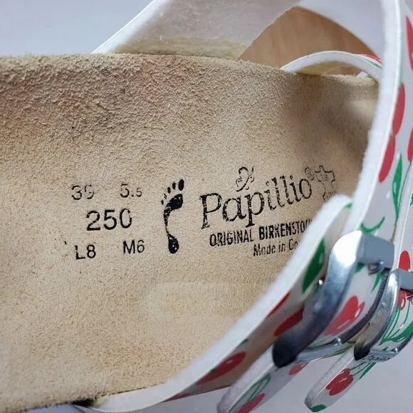 Birkenstock Sandals 39 Womens 8 Papillio White Red Cherries Shoes Buckle Straps