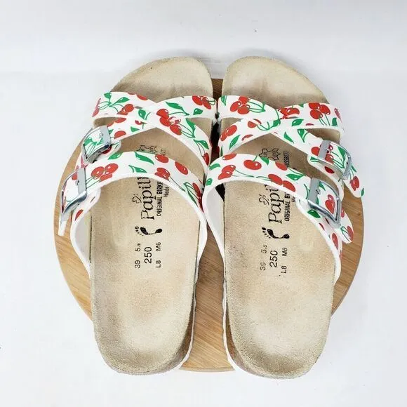 Birkenstock Sandals 39 Womens 8 Papillio White Red Cherries Shoes Buckle Straps