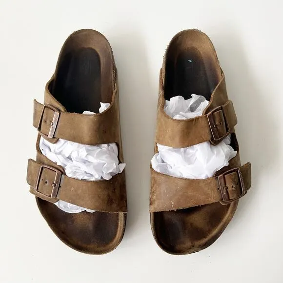 BIRKENSTOCK Tan Brown Arizona Soft Footbed Leather Sandals Slides Size 45