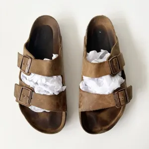 BIRKENSTOCK Tan Brown Arizona Soft Footbed Leather Sandals Slides Size 45