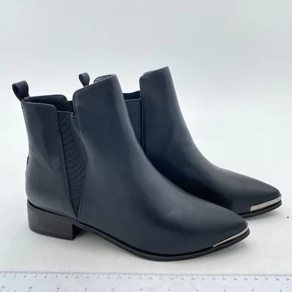 Black Women Metal Pointed Toe Chunky Low Heel Ankle Booties Pull On Boots