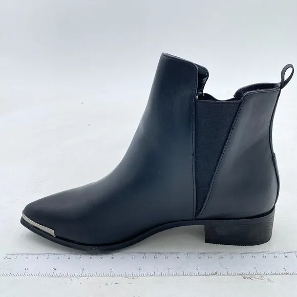 Black Women Metal Pointed Toe Chunky Low Heel Ankle Booties Pull On Boots