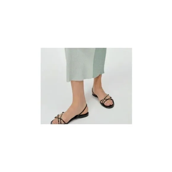 Black Zara Leather Buckle Straps Round Toe Open-Toe Slingback Sandals (NWT)