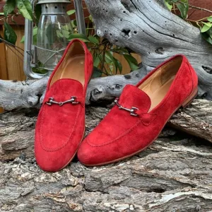 Bologna Navy Boot Stamped Red Velvet Loafers.