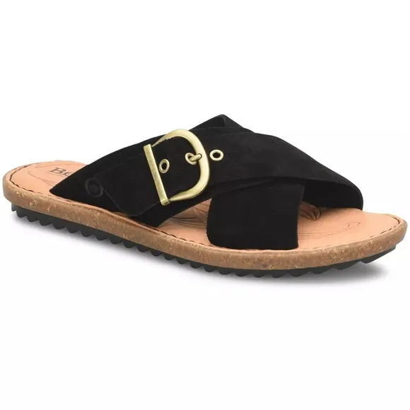 BORN Rio Sandals Women's Size 8 Black Suede Leather Buckle Cross Straps Open Toe
