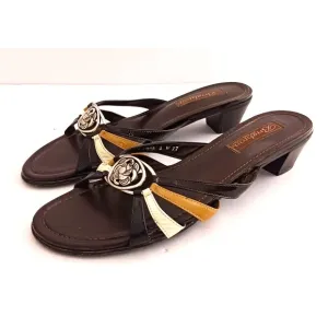 Brighton Libra Kitten Heel Sandal Brown Tan Patent Straps Silver Filigree Sz 8