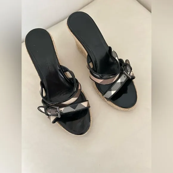 Burberry Women’s Black Patent and Plaid Pattern Wedge Sandals