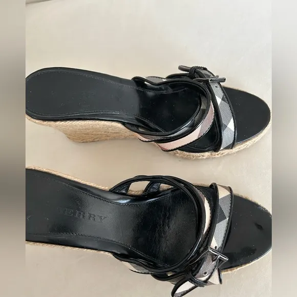 Burberry Women’s Black Patent and Plaid Pattern Wedge Sandals