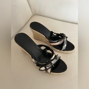 Burberry Women’s Black Patent and Plaid Pattern Wedge Sandals