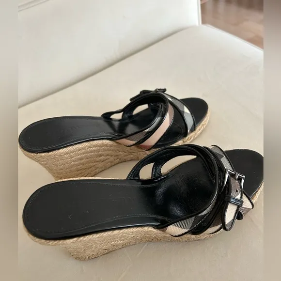 Burberry Women’s Black Patent and Plaid Pattern Wedge Sandals