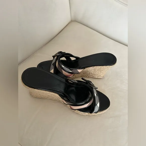 Burberry Women’s Black Patent and Plaid Pattern Wedge Sandals