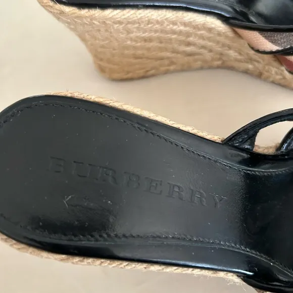 Burberry Women’s Black Patent and Plaid Pattern Wedge Sandals