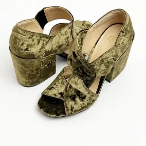 CABI Interlock Moss Green Velvet Open Toes Chunky Block Heels #6016, Size 7