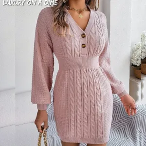 Cable Waffle Knit Blend Sweater Dress Buttoned V-neck Long Sleeve Mini Pink
