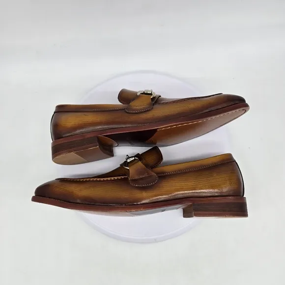 Carrucci Shoes Men 8.5 Burnished Cognac Calfskin Slip-On Loafers