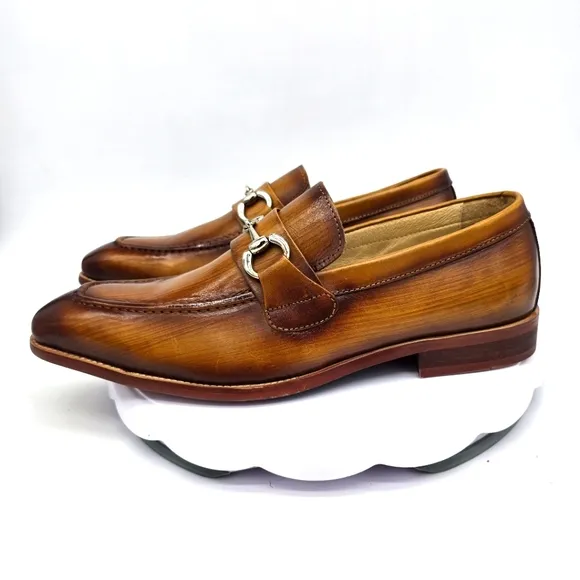 Carrucci Shoes Men 8.5 Burnished Cognac Calfskin Slip-On Loafers
