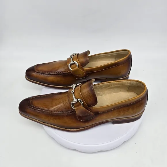 Carrucci Shoes Men 8.5 Burnished Cognac Calfskin Slip-On Loafers
