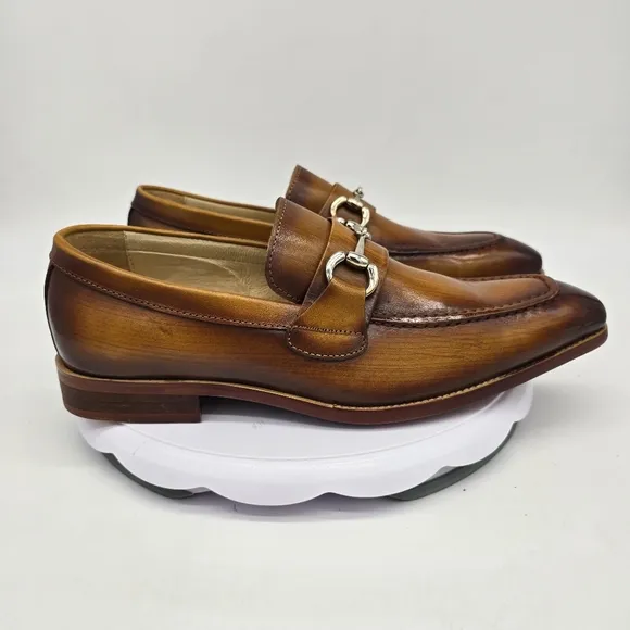 Carrucci Shoes Men 8.5 Burnished Cognac Calfskin Slip-On Loafers