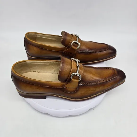 Carrucci Shoes Men 8.5 Burnished Cognac Calfskin Slip-On Loafers