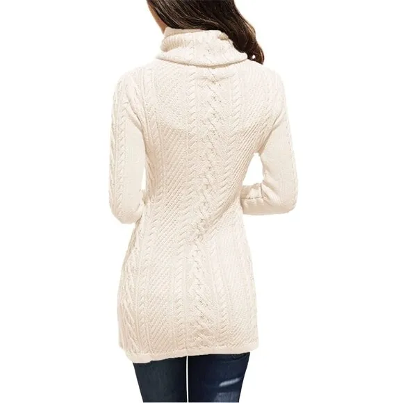 CCC Cowl Polo Neck Slim Tunic Sweater Fitted Ribbed Knit Pattern Trendy Size Med