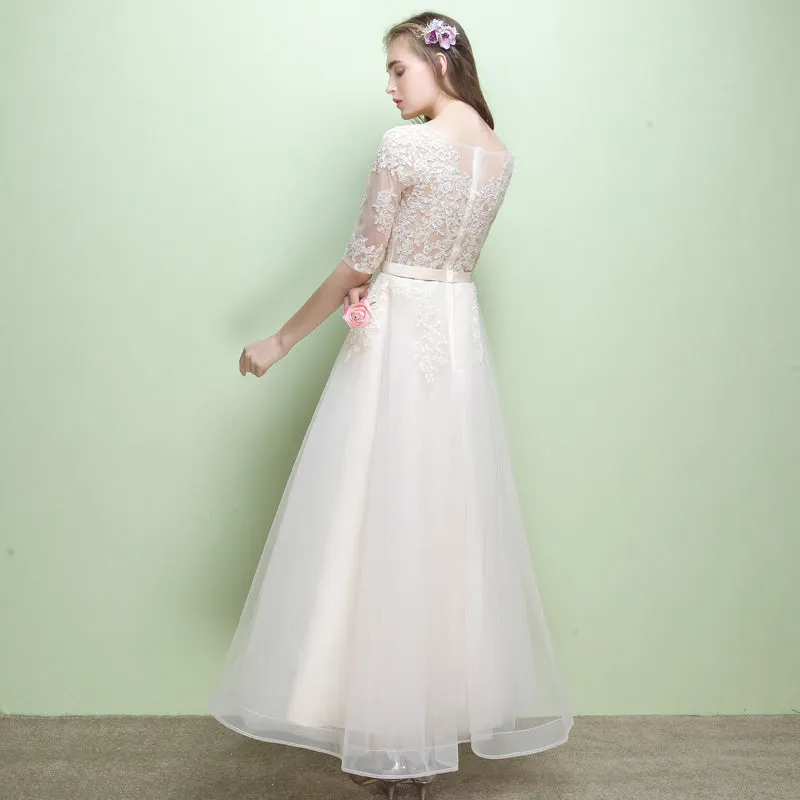 Champagne Tulle Round Neckline with Lace Applique Wedding Party Dresses, Lovely Tulle Party Dresses